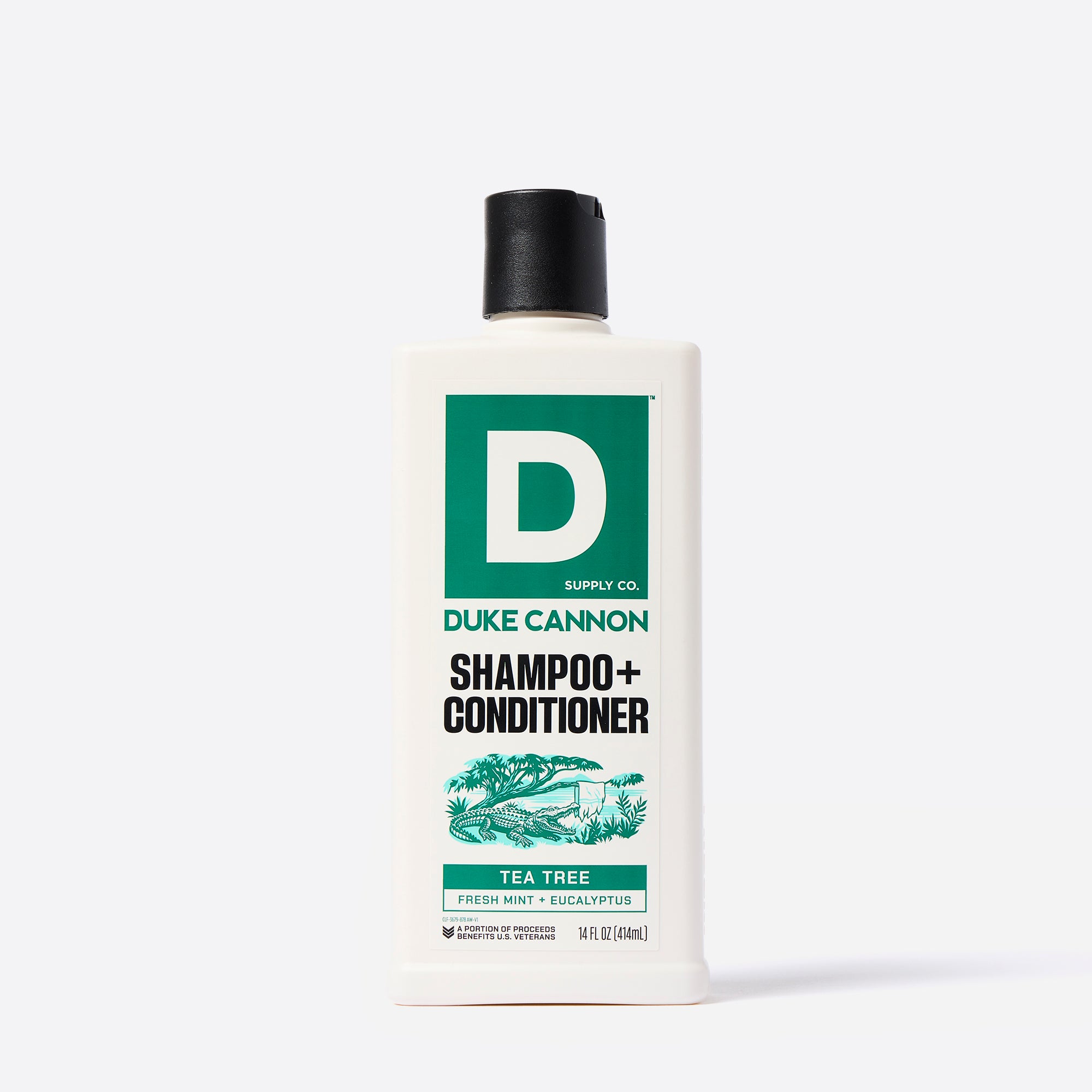 Duke Cannon Tea Tree scented shampoo and conditioner bottle on a white background.  With an illustration of an alligator under a Tea Tree.